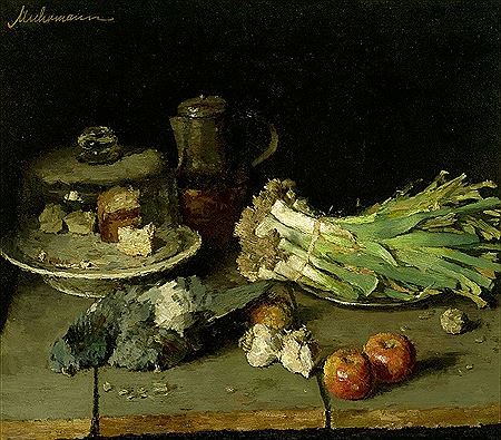 Stilleben mit Lauch, Äpfeln und Weinkrug