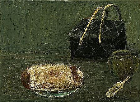 Stilleben mit Brot, Korb und Steintopf