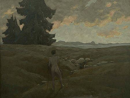 "Nu masculin dans un paysage au crépuscule"