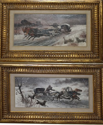 Winter horsedrawn sleigh scenes with dogs (2)