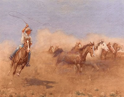 Brining in the stock horses by Allan T Bernaldo - Auction record, sale price, and art valuation. Compare with similar artists and explore comparable artworks.