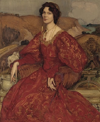 Sybil Waller in Red and Gold Dress 1905