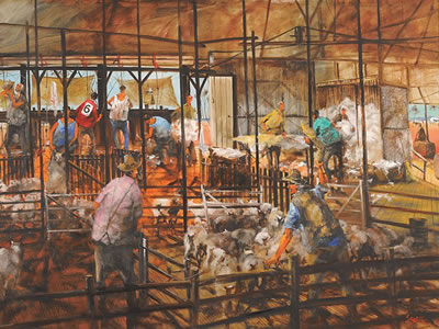 The Binde-Bango Shed in Full Swing, South Mitchell, Western Queensland by Hugh David Sawrey - Auction record, sale price, and art valuation. Compare with similar artists and explore comparable artworks.