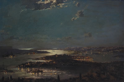 Naval Fleet in Sydney Harbour at Night 1916 by John Allcot - Auction record, sale price, and art valuation. Compare with similar artists and explore comparable artworks.