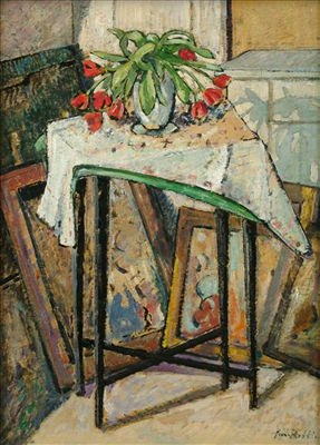 Still life of flowers on a stool