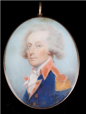 Portrait of Colonel Milnes of the Grenadier Guards wearing a blue uniform with red facings and gold epaulette