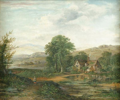 A figure near a farm house in wooded river landscape