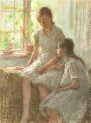 Two young girls seated by a window