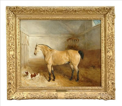A stable interior with a palomino and a spaniel 'Fido'