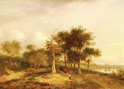 Travellers resting by a path and Travellers passing a cottage (2)