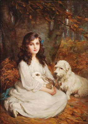 A portrait of a girl with her rabbit and dog