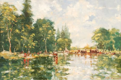 River scenes with figures A pair