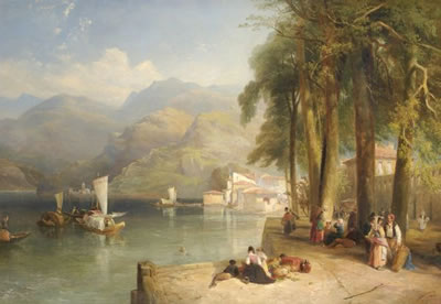 Figures on the bank of an Italianate lake