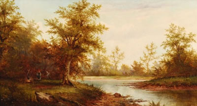 Wooded river landscape with figures by a camp fire by John Westall - Auction record, sale price, and art valuation. Compare with similar artists and explore comparable artworks.