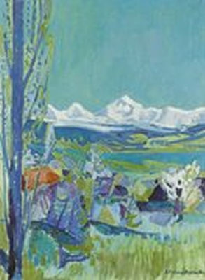 Sommerliche Landschaft mit Alpenkette