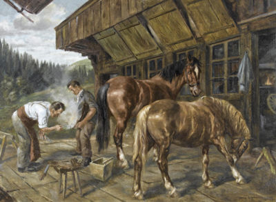 Hufschmied bei einem Emmentaler Bauer