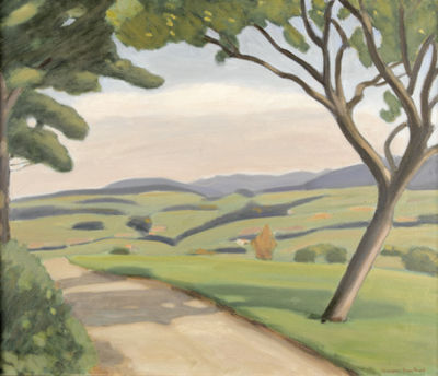 Hügelige Landschaftspartie mit Landstrasse im Sommer