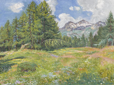 Bündner Landschaftspartie mit Lärchenwald im Frühling by Adolf Tieche - Auction record, sale price, and art valuation. Compare with similar artists and explore comparable artworks.