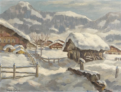 Winterlich verschneites Bauerndorf im Berner Oberland