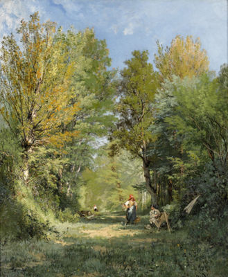 Sommerliche Waldlichtung mit Maler vor seiner Staffelei