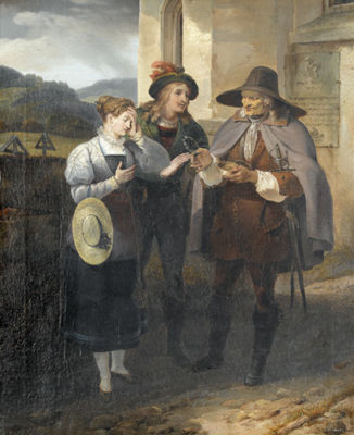 Drei Personen an einer Kirchenmauer