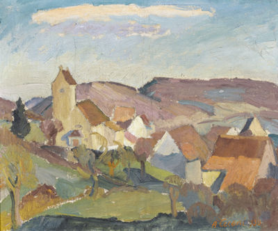 Blauen Dorf gegen Nenzlingen Berg by August Cueni - Auction record, sale price, and art valuation. Compare with similar artists and explore comparable artworks.