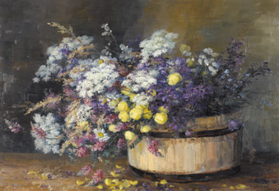 Reiches Stillleben mit Frühlingsblumen in Bottich