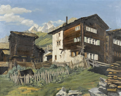 Walliser Dorfpartie unter blauem Himmel