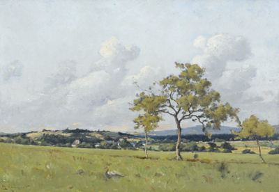 Ebene französische Landschaftspartie mit Ortschaft