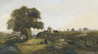 Bauernpaar mit Ziegen in Küstenlandschaft
