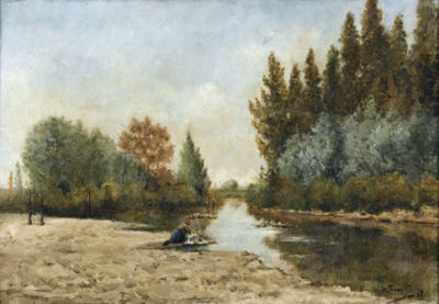 Flussuferpartie mit Wäscherin im Wald von Fontainebleau by Henri-Charles Trouville - Auction record, sale price, and art valuation. Compare with similar artists and explore comparable artworks.