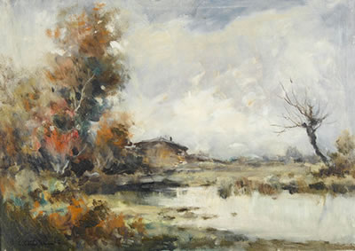 Auenlandschaft mit Haus