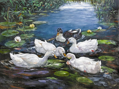 Fünf Enten auf einem Teich mit Schilf und Seerosen by Adolf Lohmann - Auction record, sale price, and art valuation. Compare with similar artists and explore comparable artworks.