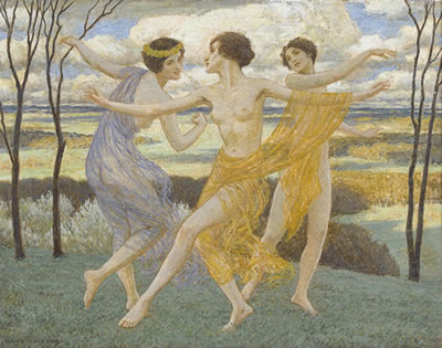 "Dreitakt". Frühlingslandschaft mit drei im Kreis tanzenden Frauen auf einem Hügel