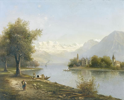 Ansicht der Halbinsel Schadau mit Blümlisalp und Niesen