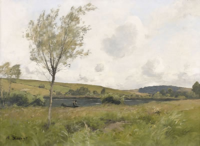 Flusslandschaft mit Weidenbäumen