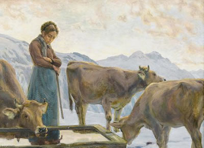 Kühe an der Tränke mit Bäuerin im Winter