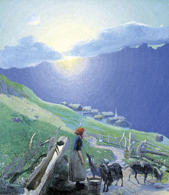 Hirtin mit Ziegen auf der Alp bei aufgehender Sonne