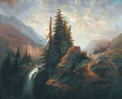 Gebirgslandschaft mit Wasserfall.