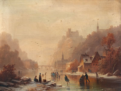 Eisvergnügen vor einer Stadt mit Burg.