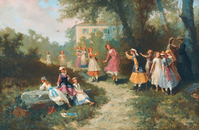 Spielende junge Mädchen im Freien. by Auguste Doviane - Auction record, sale price, and art valuation. Compare with similar artists and explore comparable artworks.