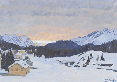 Verschneite Engadiner Landschaft im Abendrot