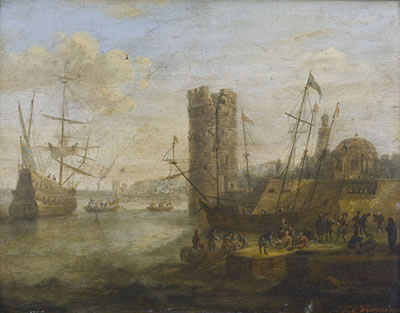 Küstenpartie mit Segelschiff, Turm und Staffage