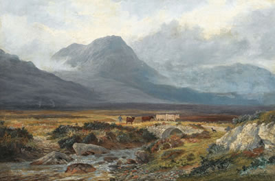 Hügelige Landschaft mit Hirten und Rindern