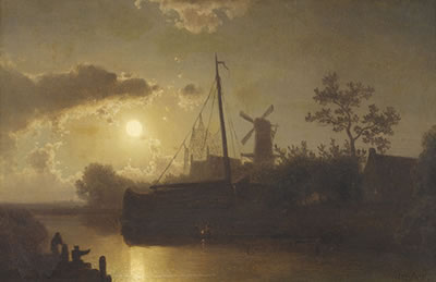 Holländische Kanalpartie im Mondlicht.