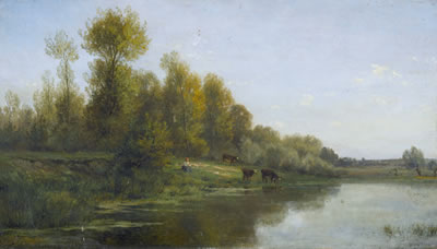 Hirtin mit Kühen am sommerlichen Weiher