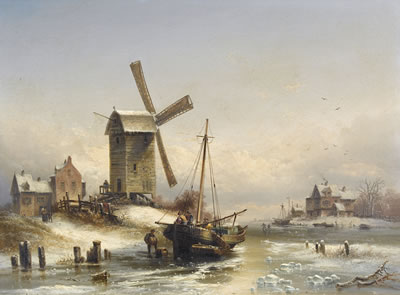 Holländische Flusspartie im Winter mit Windmühle