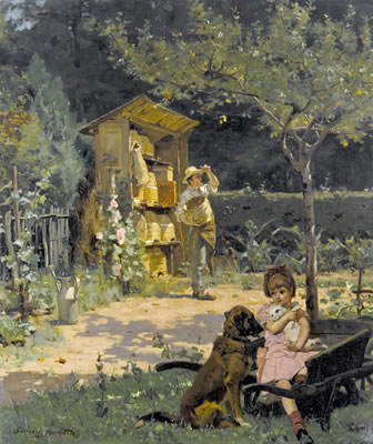 Garten mit Imker und spielendem Mädchen