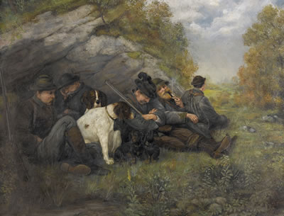 Rastende Jäger mit Hunden