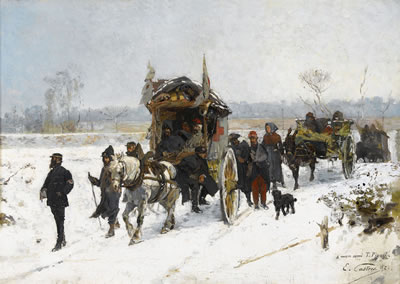 Une ambulance internationale par un temps de neige.